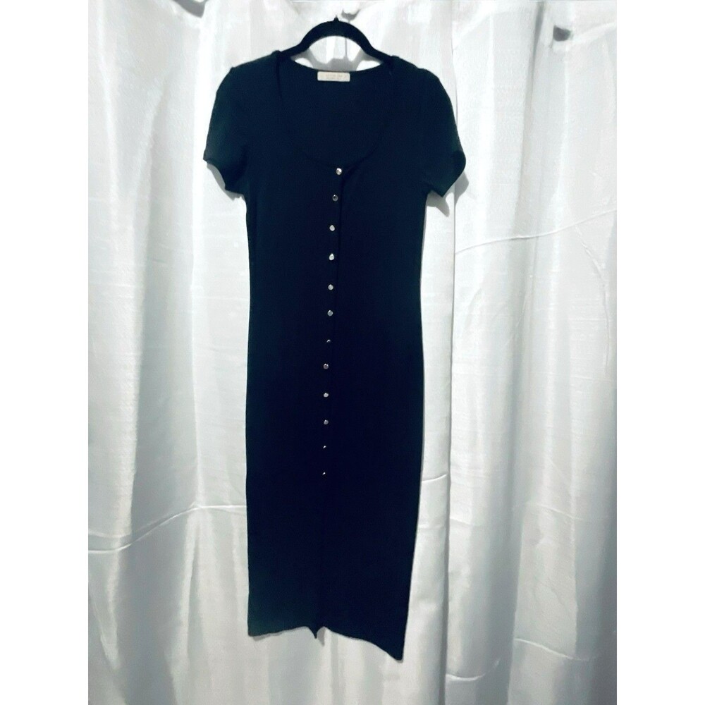 Active USA Women's Black Ribbed Button-Down Midi Dress-Short Sleeve Bodycon Sz S